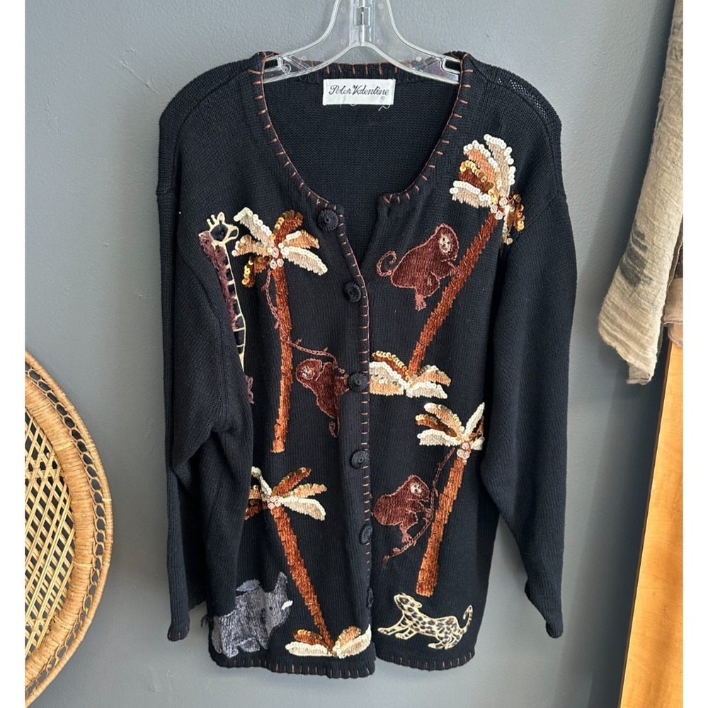 Vintage Peter Valentine Womens‎ Sz L Cardigan Sweater Monkey Jungle Novelty Top